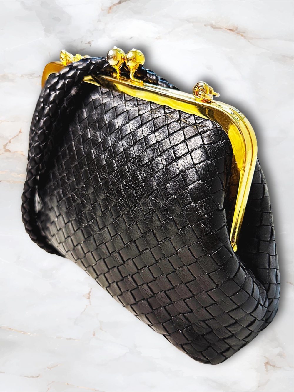 Vintage Black Woven Leather Kiss Lock Frame Bag 2 Way • Clutch Shoulder Purse - Picture 2 of 15
